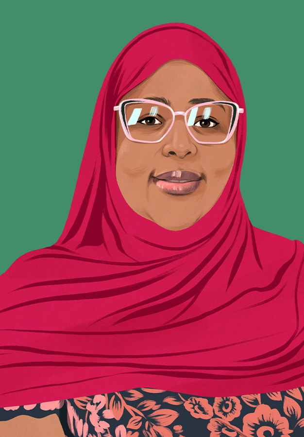 Ilustrovaný portrét Aminy, která se sebevědomě usmívá a dívá se do objektivu.