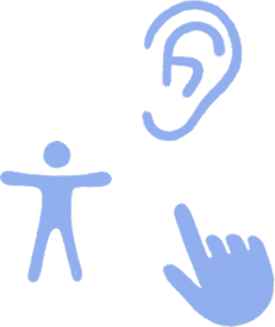 Três ícones de acessibilidade Apple, que representam: Acessibilidade, Aparelhos auditivos e Toque.