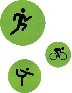 Tres íconos de Apple Fitness, representan Carrera, Bici y Yoga.