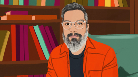 Egy Apple-alkalmazott rajzolt portréja, aki egy karosszékben ül egy könyvespolc előtt, és az olvasóra néz.