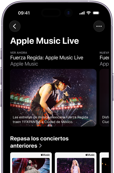Pantalla de Apple Music Live en un iPhone que muestra Ver Ahora, conciertos anteriores y contenido exclusivo como los 100 mejores álbumes de Apple Music