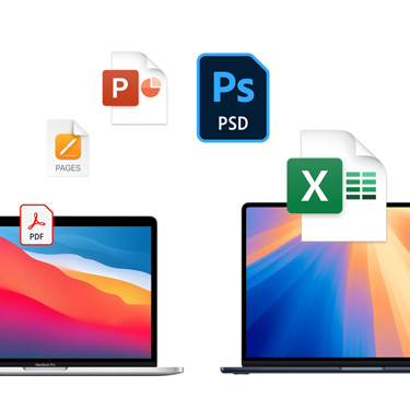 Vista frontal de dos MacBook, uno al lado del otro, con diferentes fondos de escritorio coloridos. Se muestran unos íconos de archivos en forma de arco sobre los MacBook. Estos incluyen un archivo de Acrobat, uno de Pages, uno de PowerPoint, uno de Photoshop y uno de Excel.