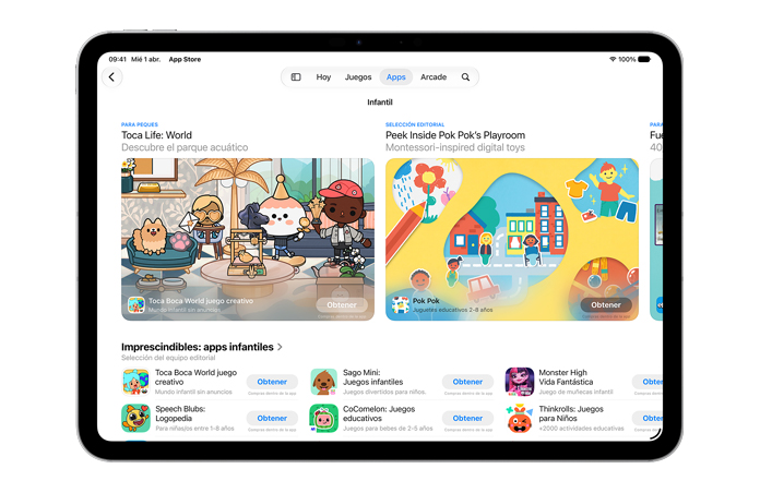 Pantalla que muestra la sección infantil en el App Store.