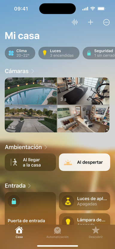 Un iPhone que muestra Mi casa, cámaras, ambientación y entrada