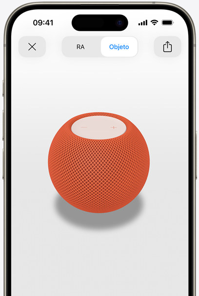 Un HomePod mini naranja en la pantalla de un iPhone con realidad aumentada.
