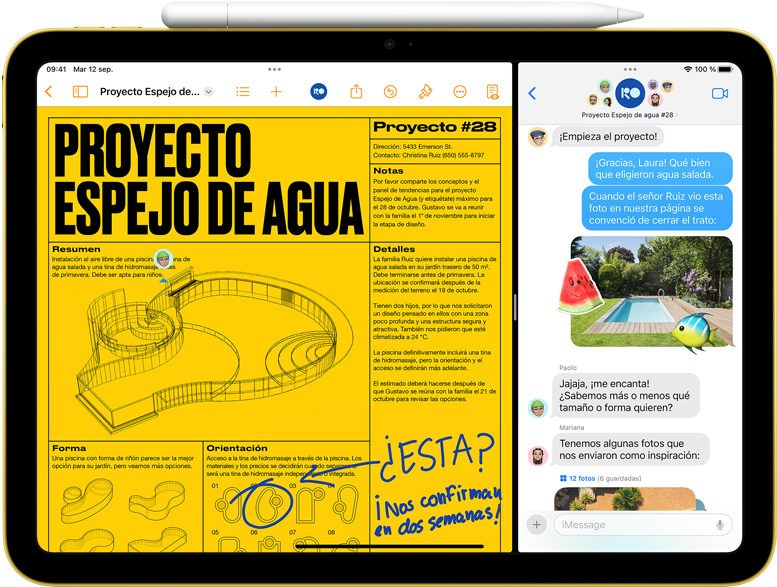 Split View de Pages y Mensajes en un iPad con el Apple Pencil adherido magnéticamente.