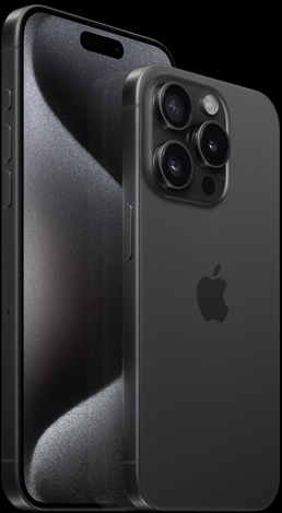 Vista frontal de un iPhone 15 Pro Max de 6.7 pulgadas y vista posterior de un iPhone 15 Pro de 6,1 pulgadas en titanio negro