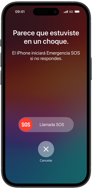 Pantalla de Detección de Choques que dice "Parece que estuviste en un choque. Este iPhone iniciará Emergencia SOS si no respondes".