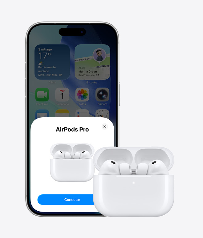 iPhone 17 Pro, parte frontal, pantalla de inicio en segundo plano, aviso de conexión de los AirPods en pantalla, unos AirPods en un estuche abierto al lado del iPhone