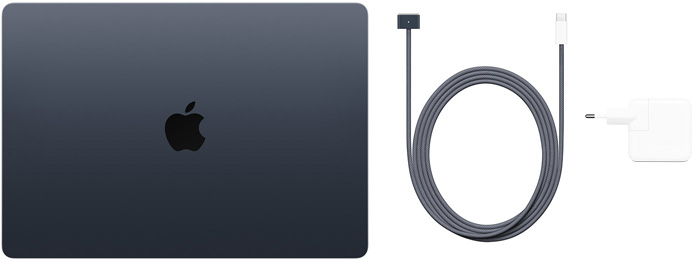 MacBook Air de 15 pulgadas, cable de USB-C a MagSafe 3 y adaptador de corriente de 35 W con dos puertos USB-C