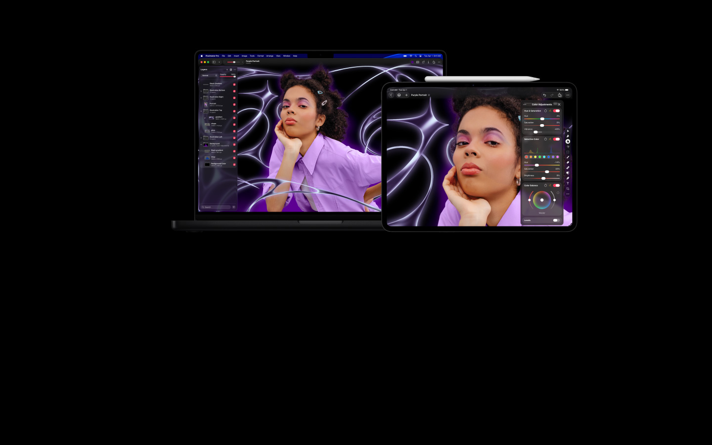 Imagen de una persona con el cabello crespo y una blusa morada, fondo abstracto estilizado, un MacBook Pro de 16 pulgadas y un iPad Pro de 13 pulgadas se mueven con la imagen, las pantallas muestran el espacio de trabajo de Pixelmator Pro con el panel de capas al costado, edición de imágenes