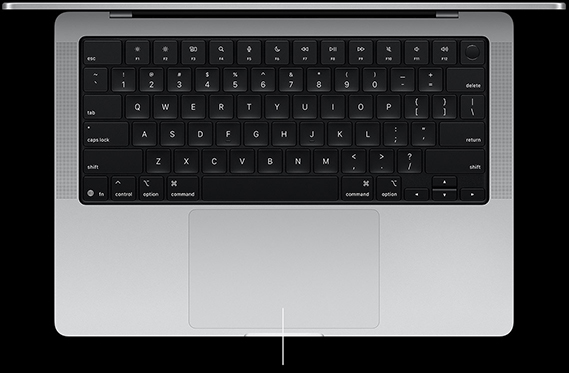 Pohled shora na otevřený 14palcový MacBook Pro ukazuje Force Touch trackpad umístěný pod klávesnicí