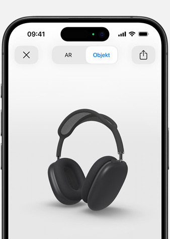 Bild der AirPods Max in Space Grau in Augmented Reality auf dem iPhone.