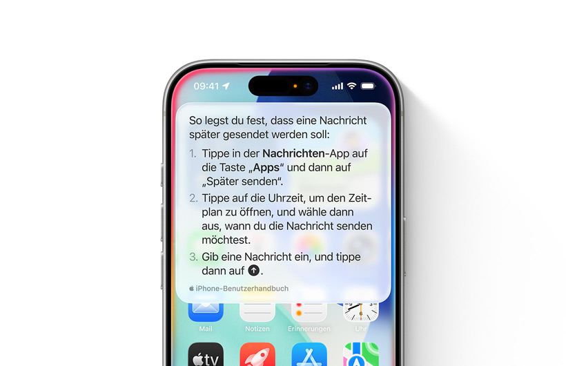 Ein iPhone zeigt eine Schritt-für-Schritt Anleitung, wie eine Textnachricht später gesendet werden kann