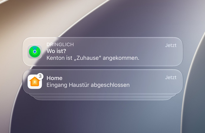 Sperrbildschirm mit Mitteilungen von „Wo ist?“ und Home.