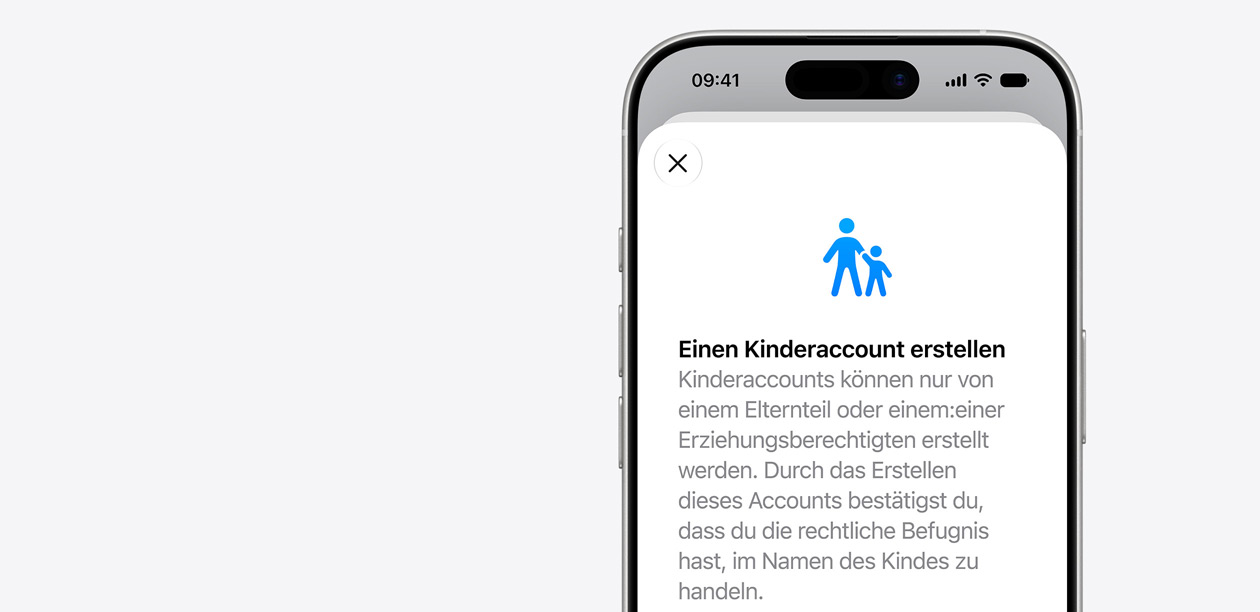 Ein iPhone zeigt die Benutzeroberfläche für die Einrichtung eines Kinderaccounts mit dem Symbol einer erwachsenen Person und eines Kindes über den Feldern für den Namen des Kindes an.