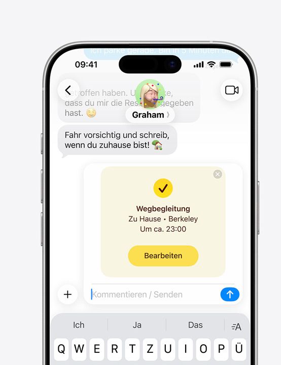 Ein iPhone Display zeigt einen Nachrichten Thread mit dem Wegbegleitung Feature