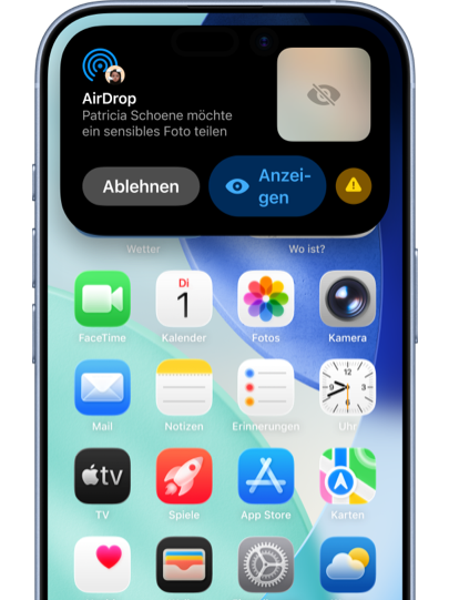 Durch eine AirDrop Mitteilung haben Nutzer:innen die Wahl, ein unkenntlich gemachtes Bild anzunehmen oder abzulehnen.
