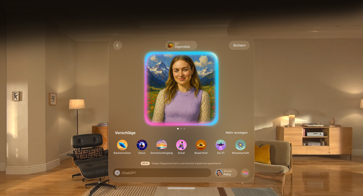 Image Playground Bildschirm auf der Apple Vision Pro schwebt im Raum mit einem Genmoji Gesicht