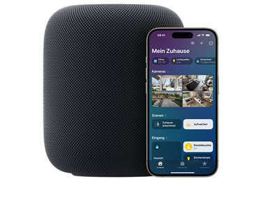A Midnight HomePod with iPhone showing My Home UI on the Home app