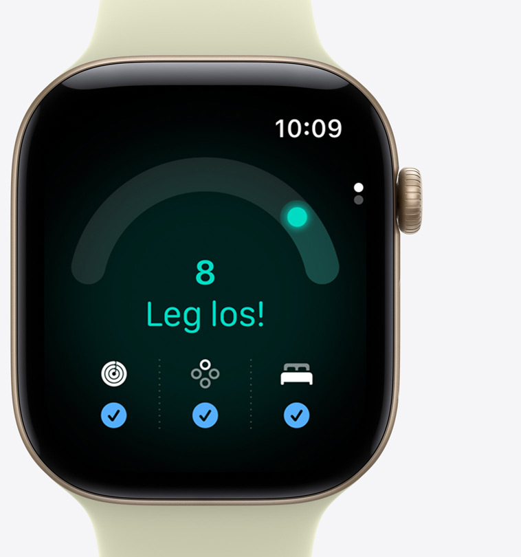 Apple Watch Series 12, Aluminiumgehäuse, Farbe Lichtgold, Tagesform App, Tagesformwert bei 8, Text „Leg los“, Aktivitätsringe, Vitalzeichen und Schlafindex Messwerte mit blauen Häkchen am unteren Displayrand