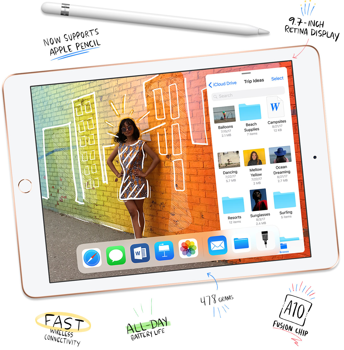Now Supports Apple Pencil. 9.7-inch Retina Display. Fast Wireless Connectivity. All-Day Battery Life. 478 Grams. A10 Fusion chip.