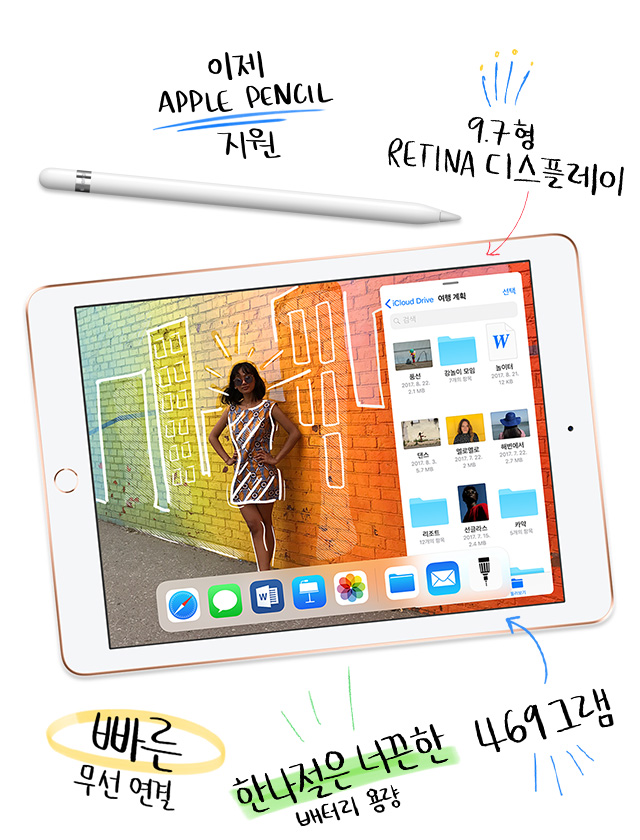 이제 Apple Pencil 지원. 9.7형 Retina 디스플레이. 빠른 무선 연결. 한나절은 너끈한 배터리 용량. 469그램. A10 Fusion 칩.