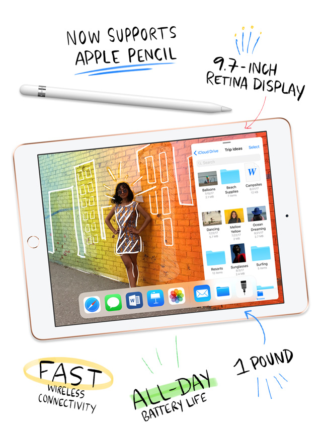 Now Supports Apple Pencil. 9.7-inch Retina Display. Fast Wireless Connectivity. All-Day Battery Life. 1 Pound. A10 Fusion Chip.