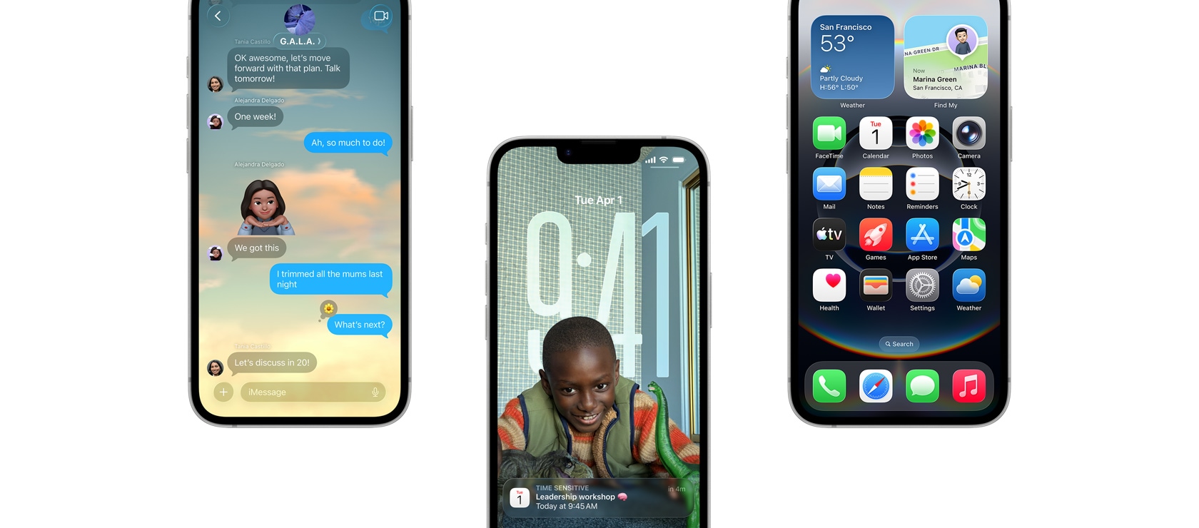 Three iPhone 16e devices, front exterior, partial view, iOS 26 features - iPhone screen showing Messages, Calendar pop-up on personalized Lock Screen, Home Screen with various apps displayed.