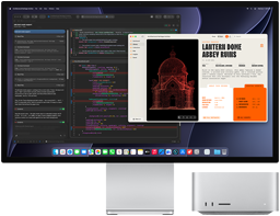 Studio Display XDR, ekraanil on XCode'is Claude Agentis töödeldav dokument, Mac Studio, eestvaade