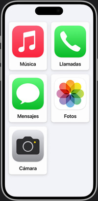 Pantalla de inicio del iPhone simplificada con las apps Música, Llamadas, Mensajes, Fotos y Cámara.