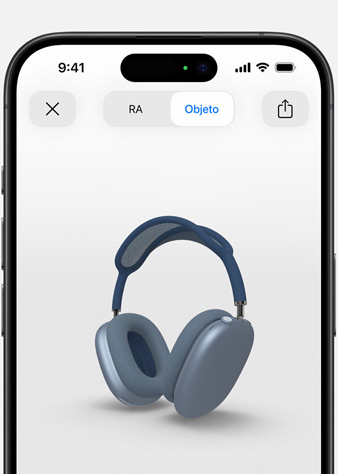 Imagen de un iPhone que muestra en realidad aumentada unos AirPods Max en azul cielo.