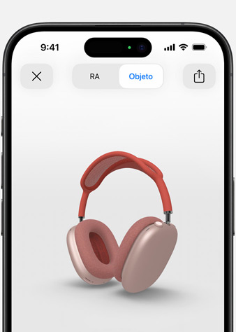 Imagen de un iPhone que muestra en realidad aumentada unos AirPods Max en rosa.
