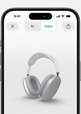 Imagen de un iPhone que muestra en realidad aumentada unos AirPods Max en plata.