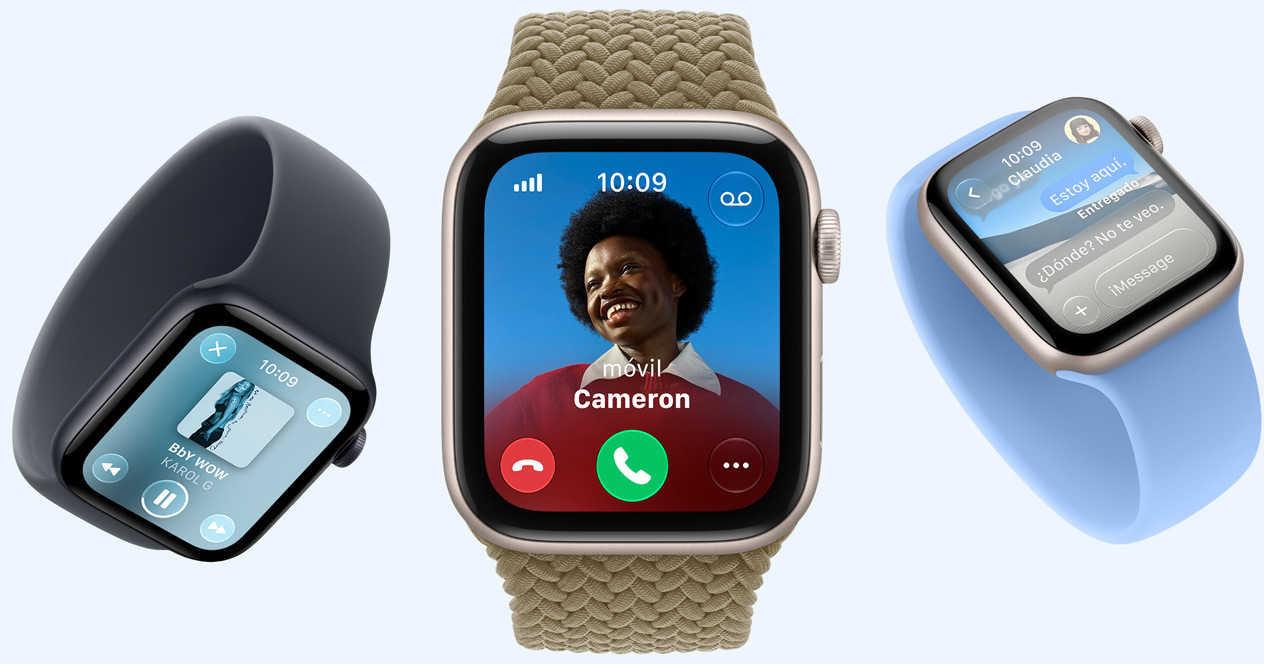Apple Watch SE 3 devices, screens show Apple Music, incoming call, Messages, aluminum cases, starlight and midnight colors, bands: Solo Loop, navy blue, wildflower blue colors, Braided Solo Loop, olive color (earthy green)