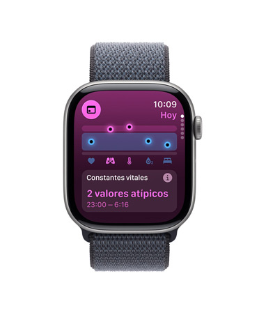 Apple Watch Series 11, caja de aluminio, color gris espacial, app Constantes Vitales, resumen de salud, notificación de valores atípicos, lateral derecho, Digital Crown, correa Loop deportiva, color gris oscuro