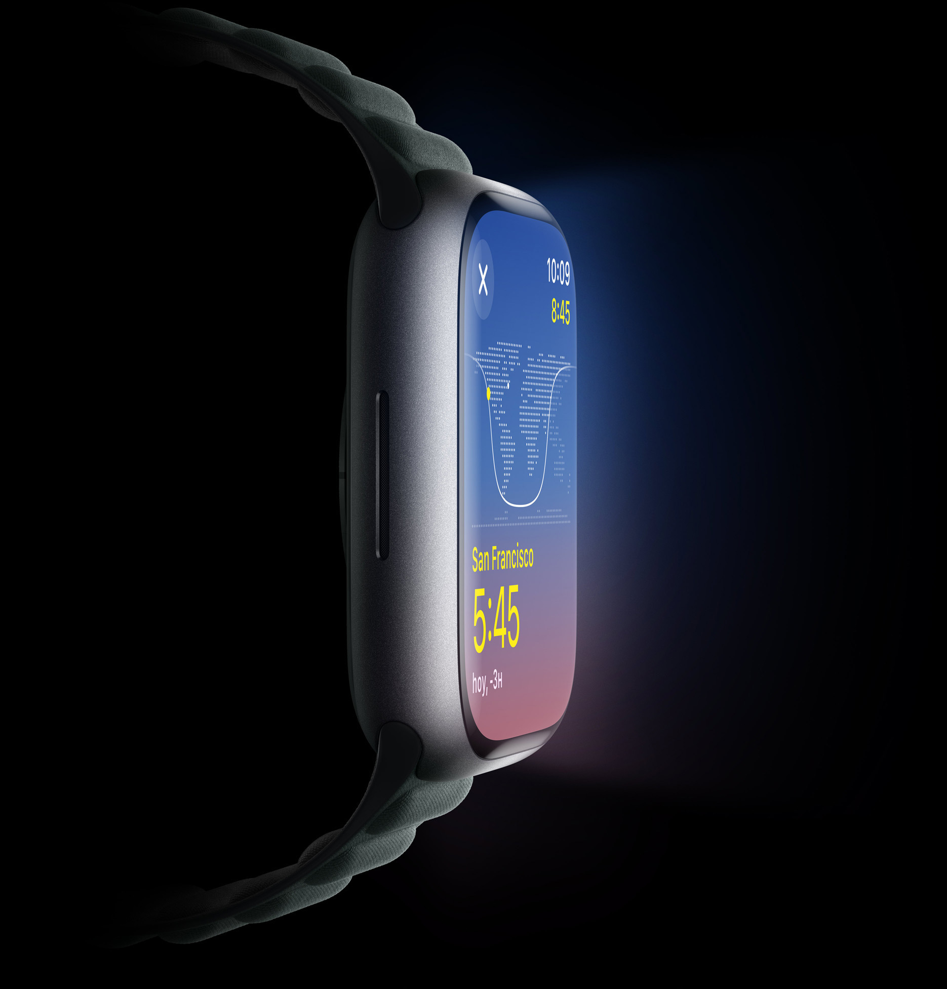 Vista lateral del Apple Watch que muestra el brillo de la pantalla.