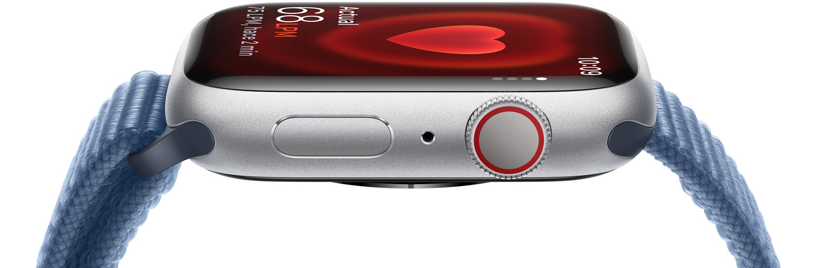 Vista lateral de un Apple Watch con una medición de frecuencia cardiaca en la pantalla.