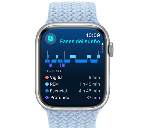 Vista frontal de un Apple Watch con las fases de sueño en la pantalla.