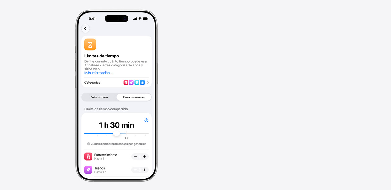 Un iPhone muestra la interfaz de Límite de Tiempo de Uso, con un tiempo asignado compartido de dos horas y media, y sugerencias de tiempo para categorías como entretenimiento, juegos y redes sociales.