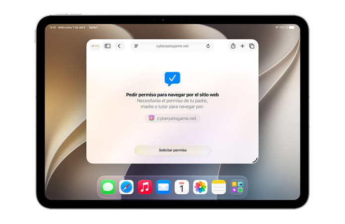 Un iPad muestra la interfaz de Pedir Permiso para Navegar con un mensaje que avisa de que se necesita permiso para navegar y debajo el botón Solicitar Permiso.