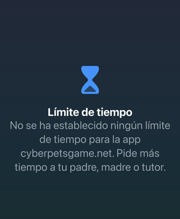 Pantalla de Límite de Tiempo que avisa de que se ha alcanzado el límite para jugar con la opción de pedir más tiempo.