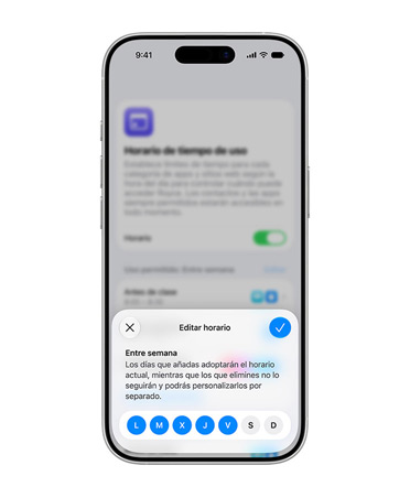 Pantalla de un iPhone que muestra la interfaz de gestión de horarios con un mensaje para editar el tiempo diario permitido de una Cuenta Infantil.