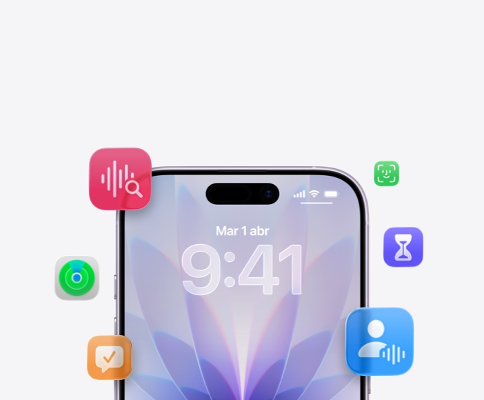 Un iPhone con varias prestaciones integradas de Apple a su alrededor