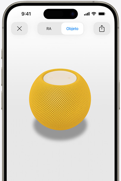 Pantalla de un iPhone que muestra un HomePod mini amarillo en realidad aumentada.