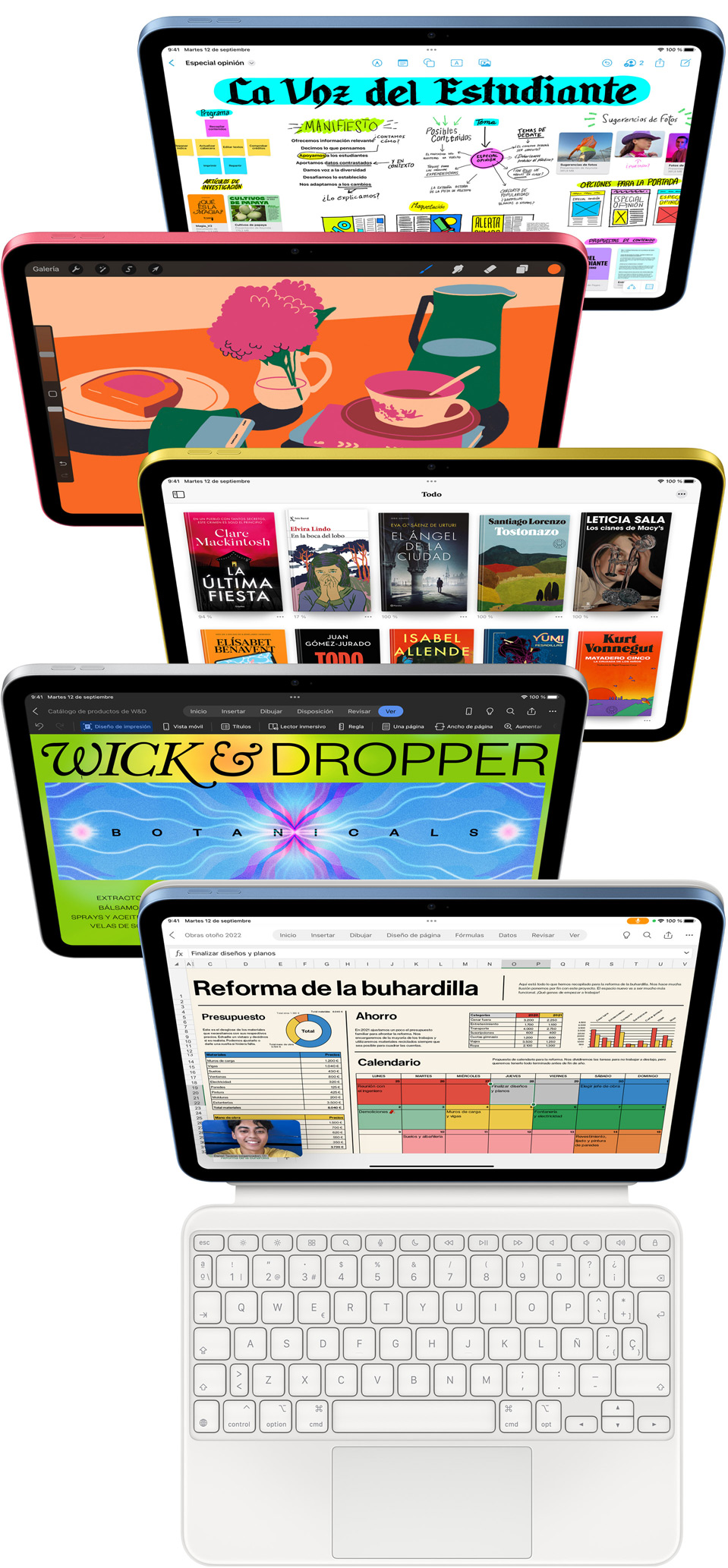 Vista frontal de varias pantallas de iPad que muestran diferentes apps de Apple y del App Store.