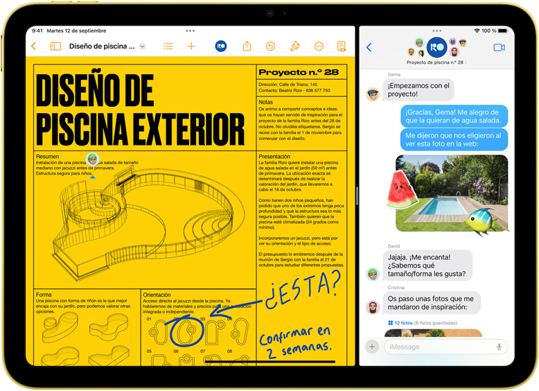 Vista en Split View de Pages y Mensajes en un iPad.