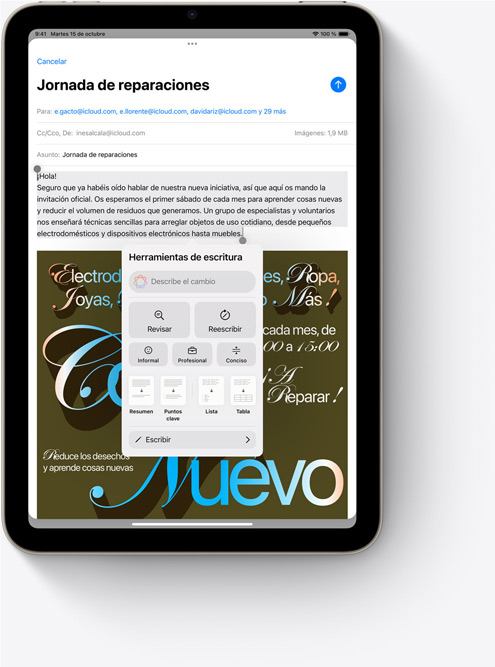 Un iPad mini con la prestación Herramientas de Escritura en Mail, una nueva prestación de Apple Intelligence.