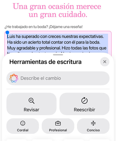 La prestación Herramientas de Escritura en uso con las opciones Revisar, Reescribir, Informal, Profesional y Conciso