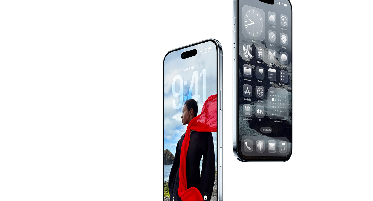 Dos dispositivos iPhone Air, parte delantera, parte lateral, diseño ultrafino, pantalla de bloqueo dinámica, apps en la pantalla de inicio con el efecto de Liquid Glass